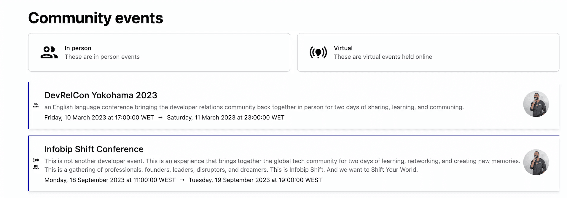 LinkFree screenshot of community events section in the Community Section tab