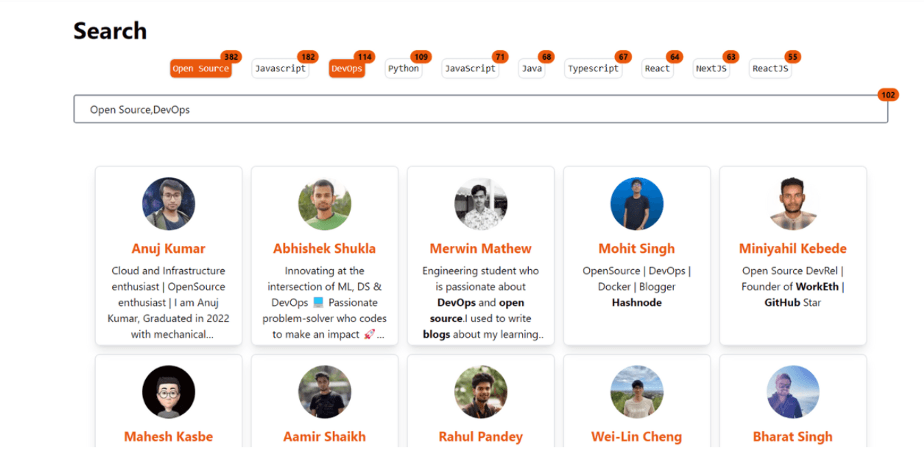 LinkFree screenshot of search page using tags for searching profiles.